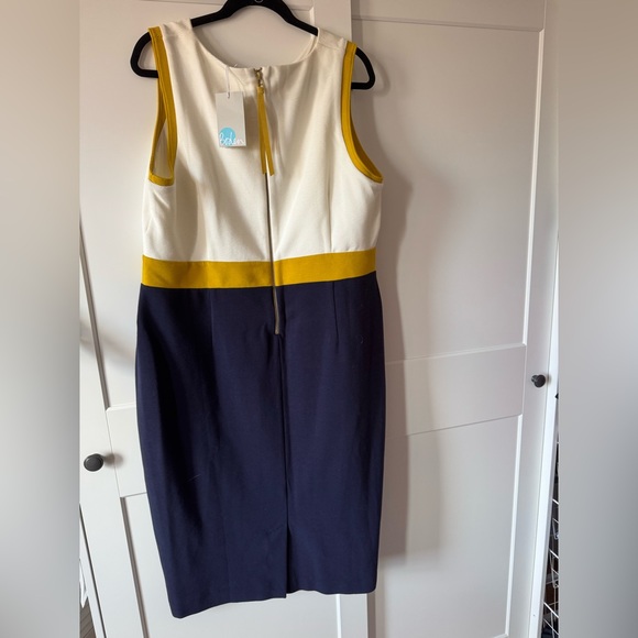 Sleeveless Colorblock Ottoman Sheath Dress in White, Mustard & Navy - Picture 2 of 6